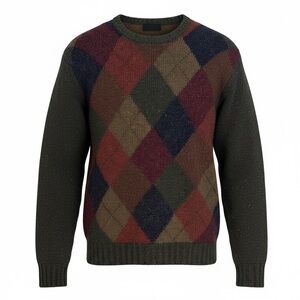 Jos. A. Bank Refined Grandpacore Wool Earthy Tone Argyle Crewneck Sweater